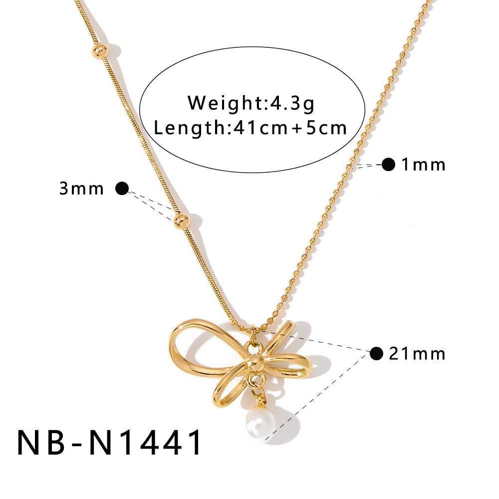 Bowknot Stainless Steel Necklace with Zircon Pearl Pendant