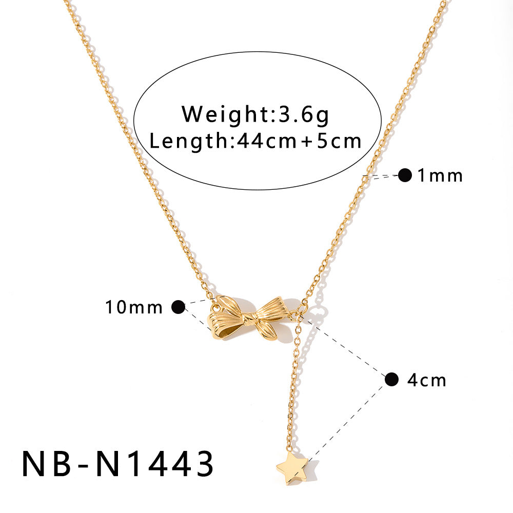 Bowknot Stainless Steel Necklace with Zircon Pearl Pendant