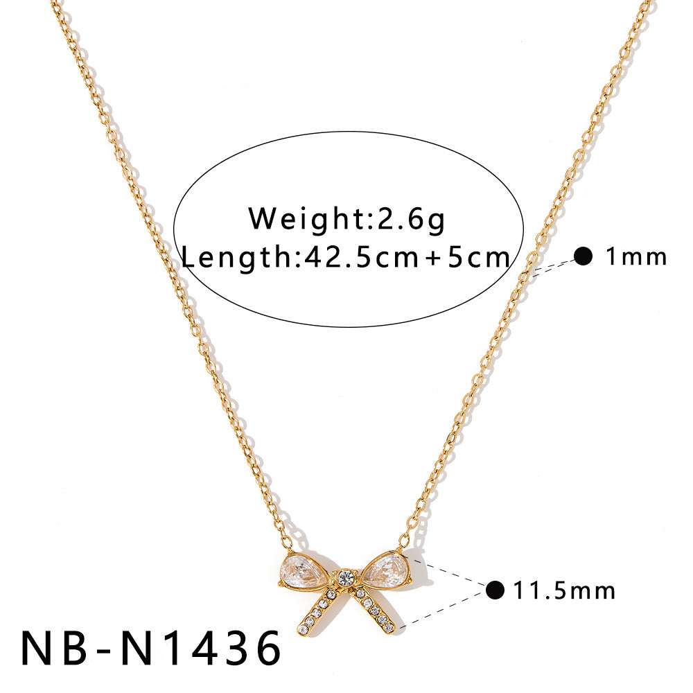 Bowknot Stainless Steel Necklace with Zircon Pearl Pendant