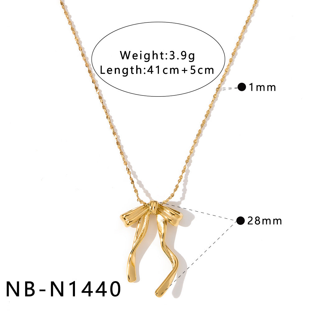 Bowknot Stainless Steel Necklace with Zircon Pearl Pendant