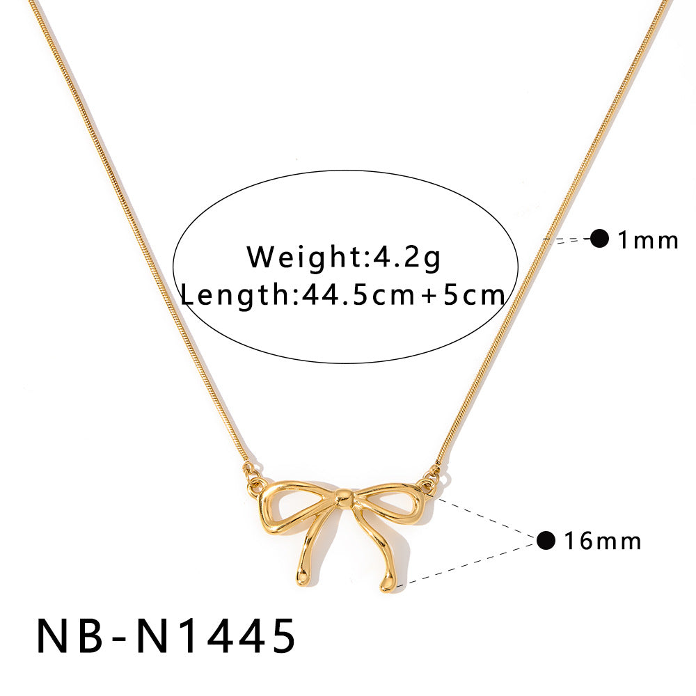 Bowknot Stainless Steel Necklace with Zircon Pearl Pendant