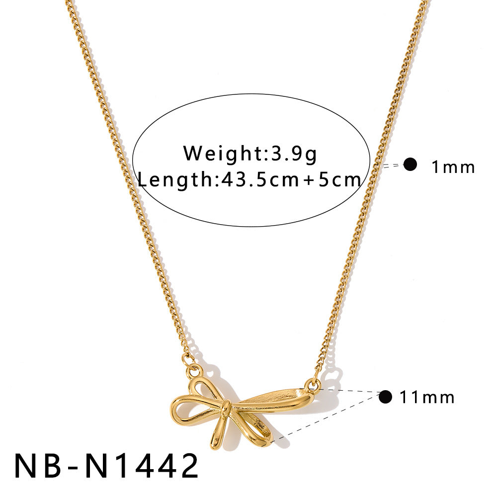 Bowknot Stainless Steel Necklace with Zircon Pearl Pendant