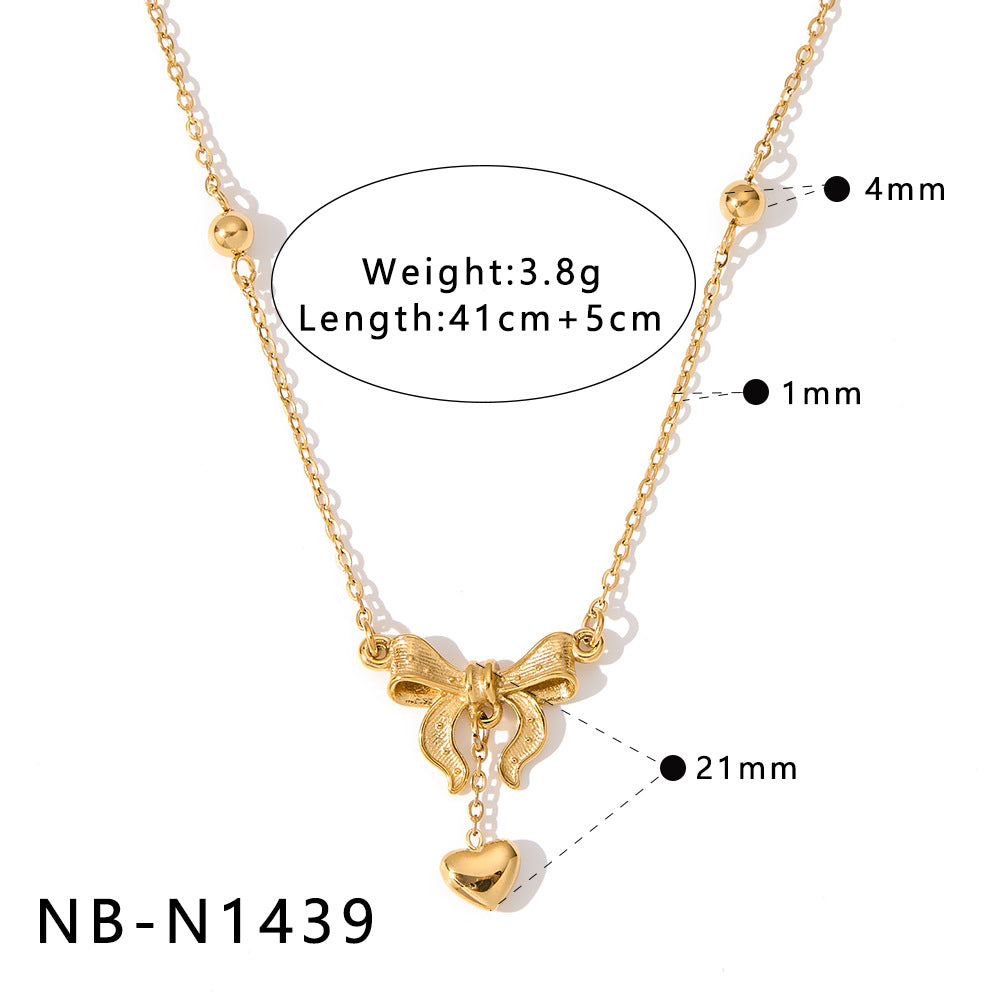 Bowknot Stainless Steel Necklace with Zircon Pearl Pendant