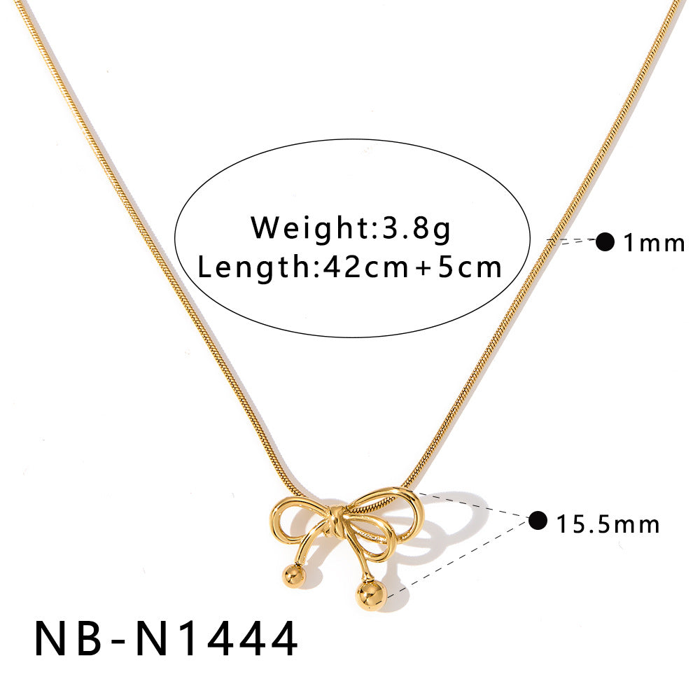 Bowknot Stainless Steel Necklace with Zircon Pearl Pendant