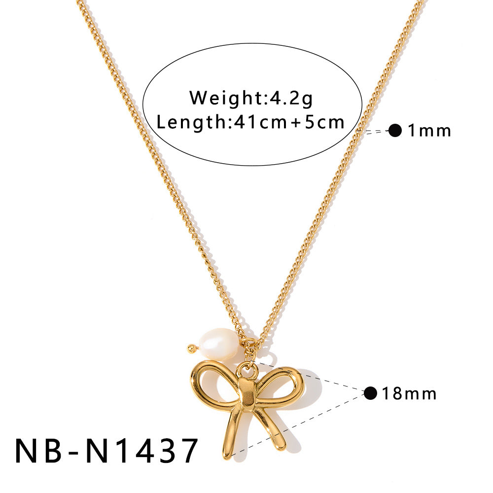 Bowknot Stainless Steel Necklace with Zircon Pearl Pendant