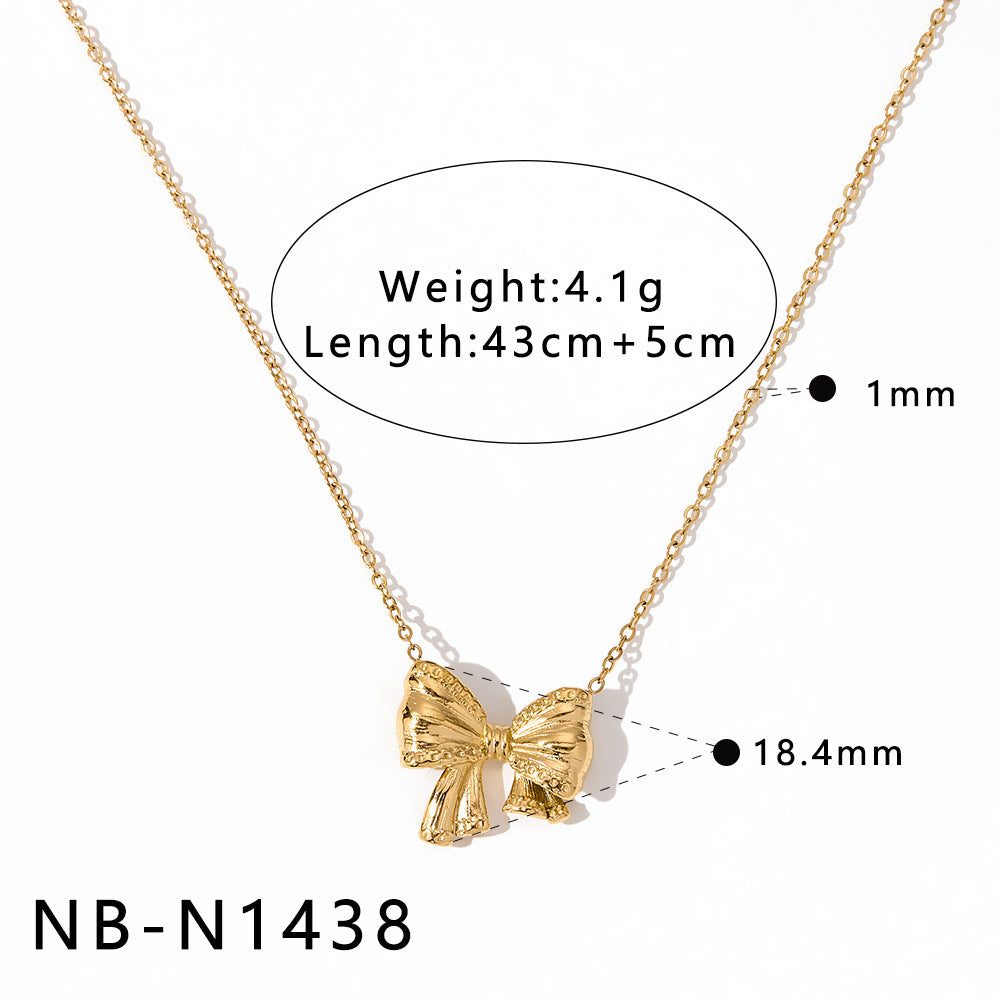 Bowknot Stainless Steel Necklace with Zircon Pearl Pendant